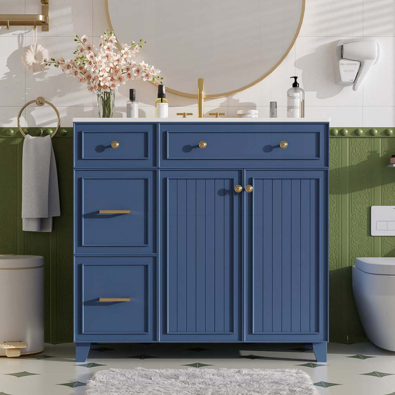 Meuble-lavabo de salle de bain avec lavabo en céramique, Bleu