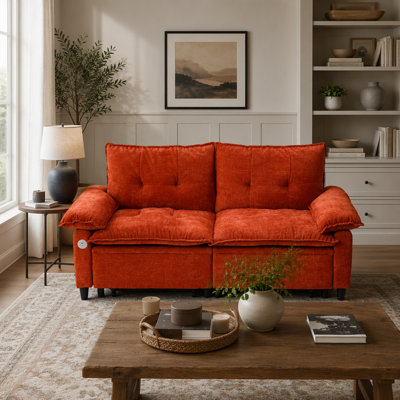 Canapé-lit convertible 73 po en velours orange avec matelas coulissant