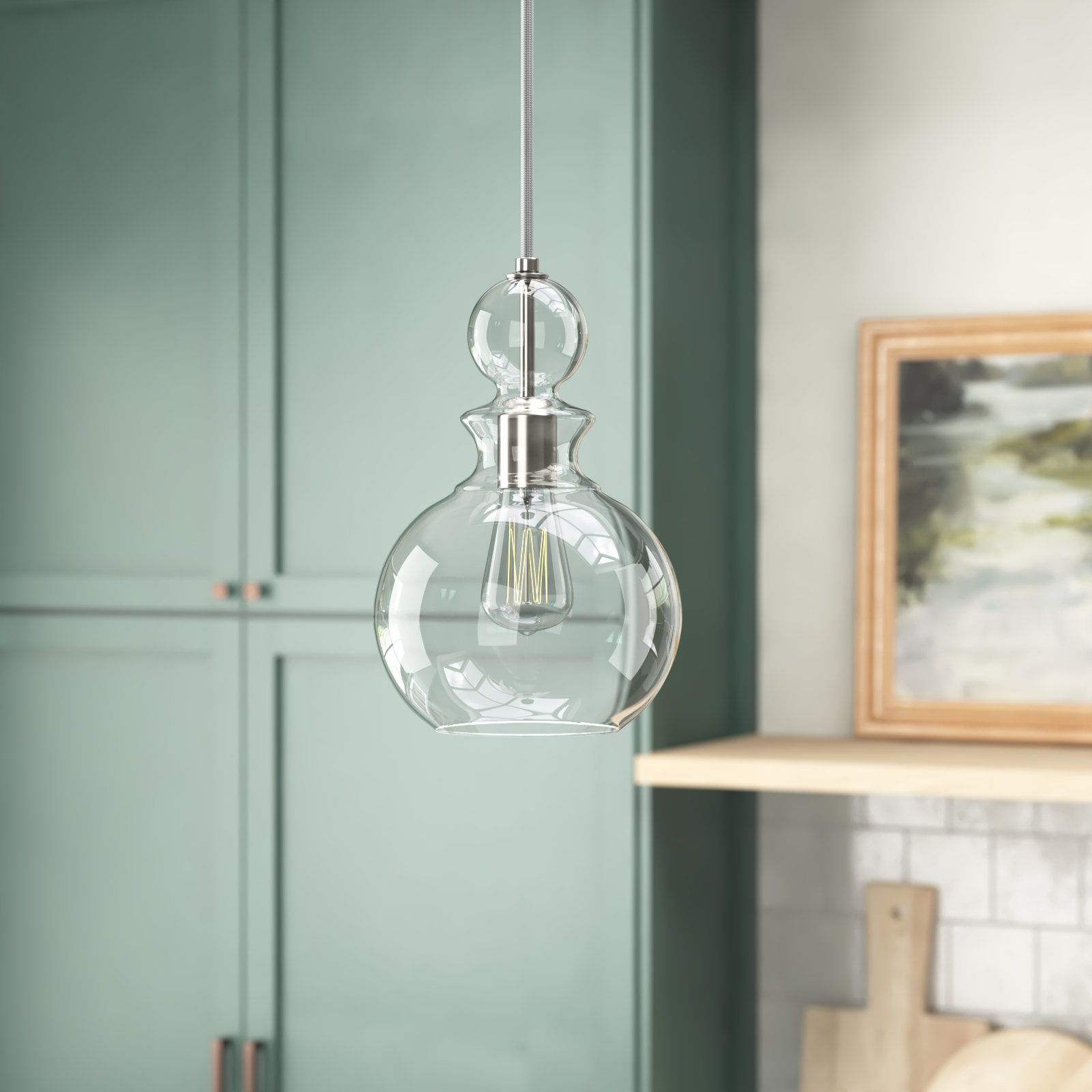 Theron Single Light Glass Dimmable Pendant, Brushed Nickel, Clear