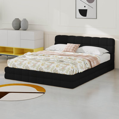 Cloud Boucle Grounded Bed With Upholstered Headboard