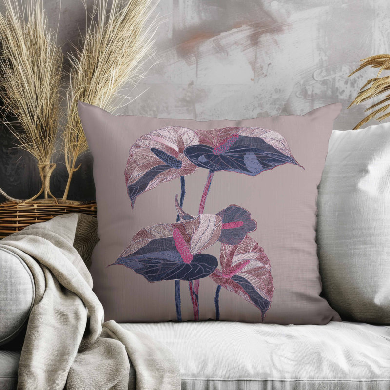 Oreiller en faux suède Anthurium Bloom, Carré 20 po, Rose / Mauve