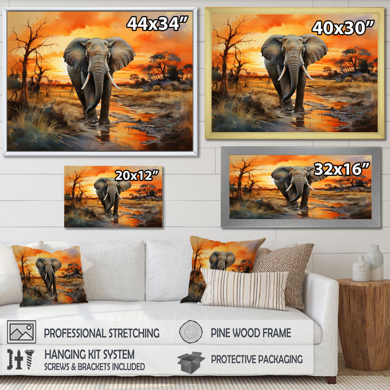 Éléphant d'Afrique, prairies II sur toile, H 30 po x l 40 po x P 1,5 po, Cadre flottant doré