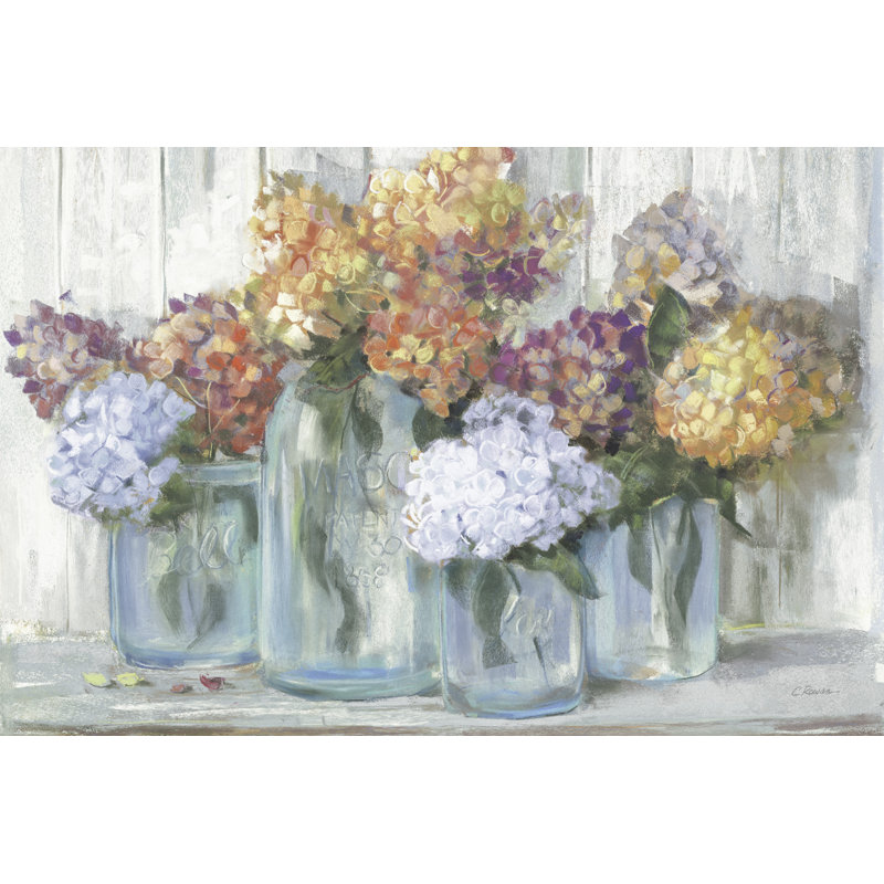 Hortensias en verre coloré, orange, bleu lavande sur rebord sur panneau blanc, H 26 po x l 50 po x P 1,5 po
