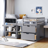 Twin Size Low Loft Bed with Rolling Desk, Shelf and Drawers - Grey