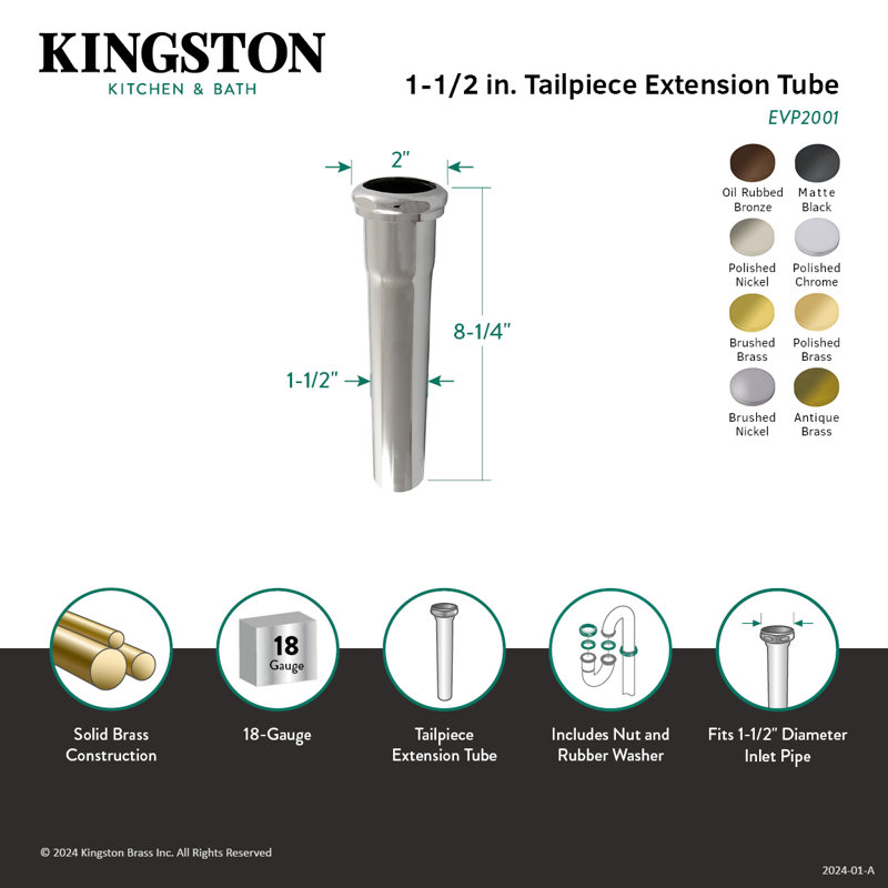 Kingston Brass Century 1-1/2" x 8" Brass Slip Joint Tailpiece Extension Tube, Brushed Brass