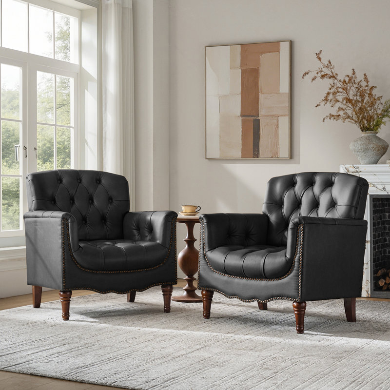 Annja 32" W Tufted Genuine Leather Armchair, Black