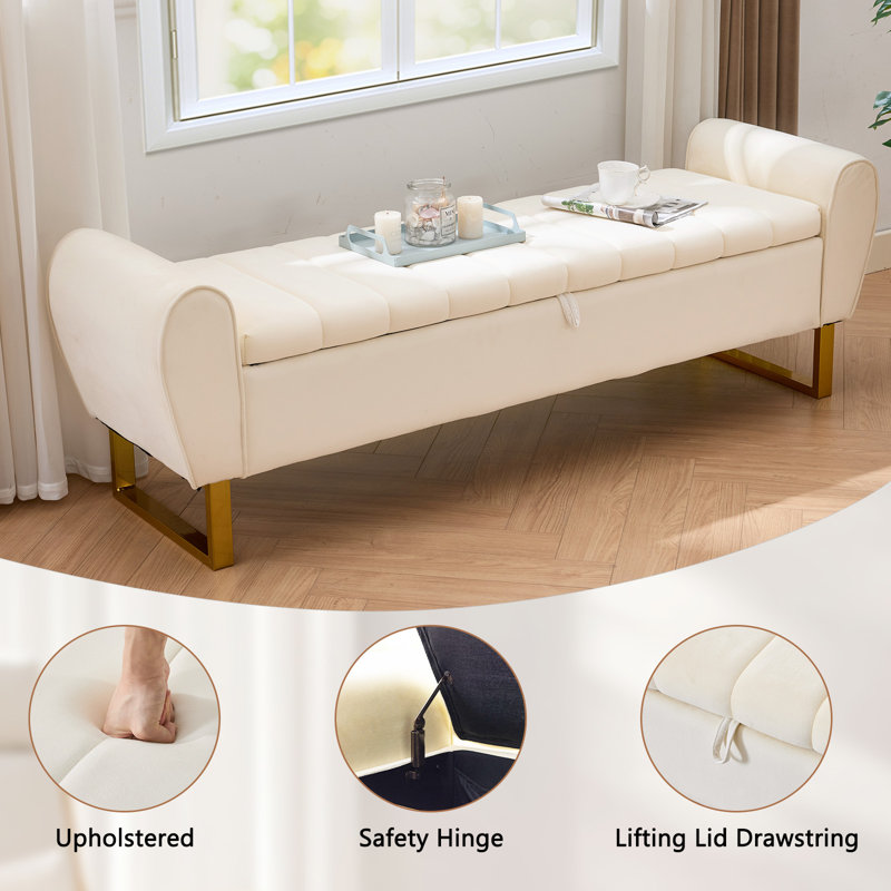 67"W Tufted Velvet Storage Bench with Gold Legs and Cute Arms, Velvet Beige