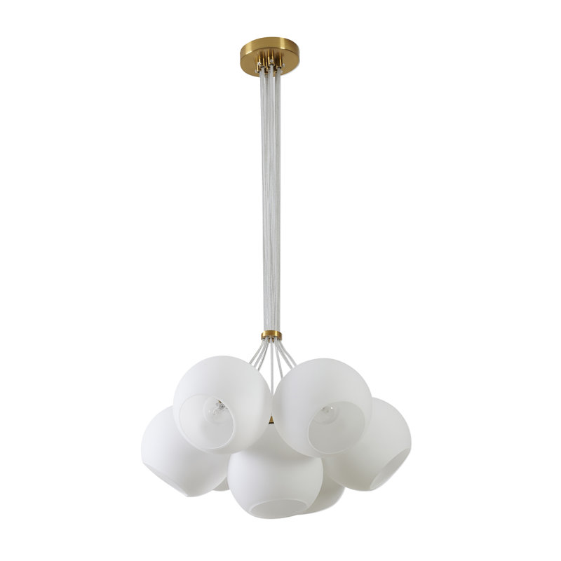 Lustre 7 lumières dorées avec abat-jour en verre blanc