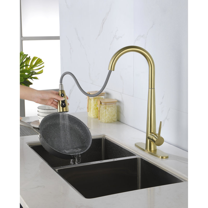 Single Handle, Pull Down , Kitchen Sink Faucet, Brushed Gold, Stainless Steel Material, 360 Rotating Nozzle, Three Water Output Styles, Smooth Aerated Flow, Rust - Proof Coating Stainless, Varieties,