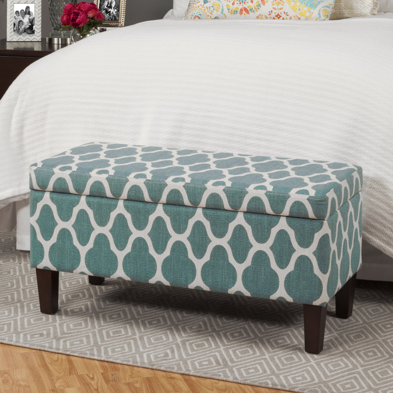 Genoveva Upholstered Storage Bench, Teal Geometric, Dark Walnut