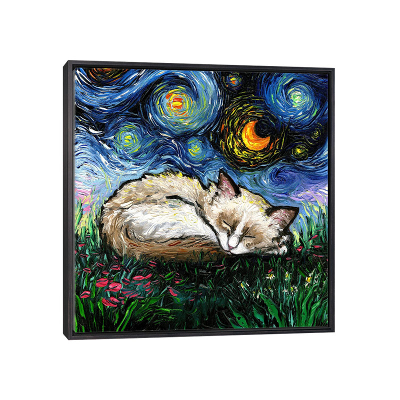 Sleepy Ragdoll Kitten Night, Toile encadrée flottante noire patinée, Pas de tapis, H 18 po x l 18 po x P 1,5 po