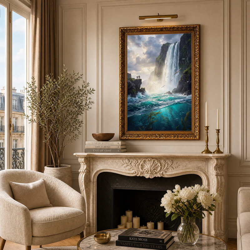 Art mural sur toile, cascade et océan turquoise, H 24 po x l 16 po