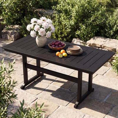 All-Weather 67"L HDPE Patio Dining Table for 6 Person With Umbrella Hole and Aluminum Frame Modern Outdoor Plastic Patio Table Furniture for Deck/Garden/Poolside, 460lbs Weight Capacity