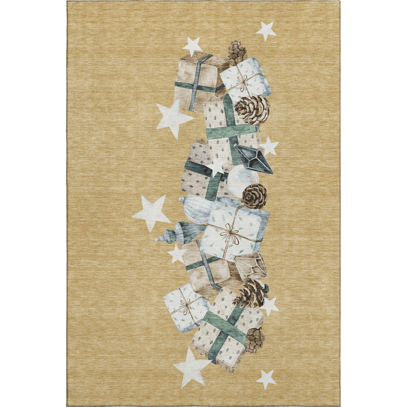 Premium Machine Washable Castillon AMF1825 Stars and Presents Holiday Rug, Rectangle 5' x 7'6"