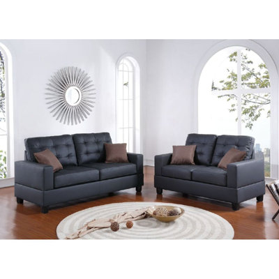 Living Room Furniture 2Pc Sofa Set Black Tufted Sofa Loveseat W Pillows Cushion Couch