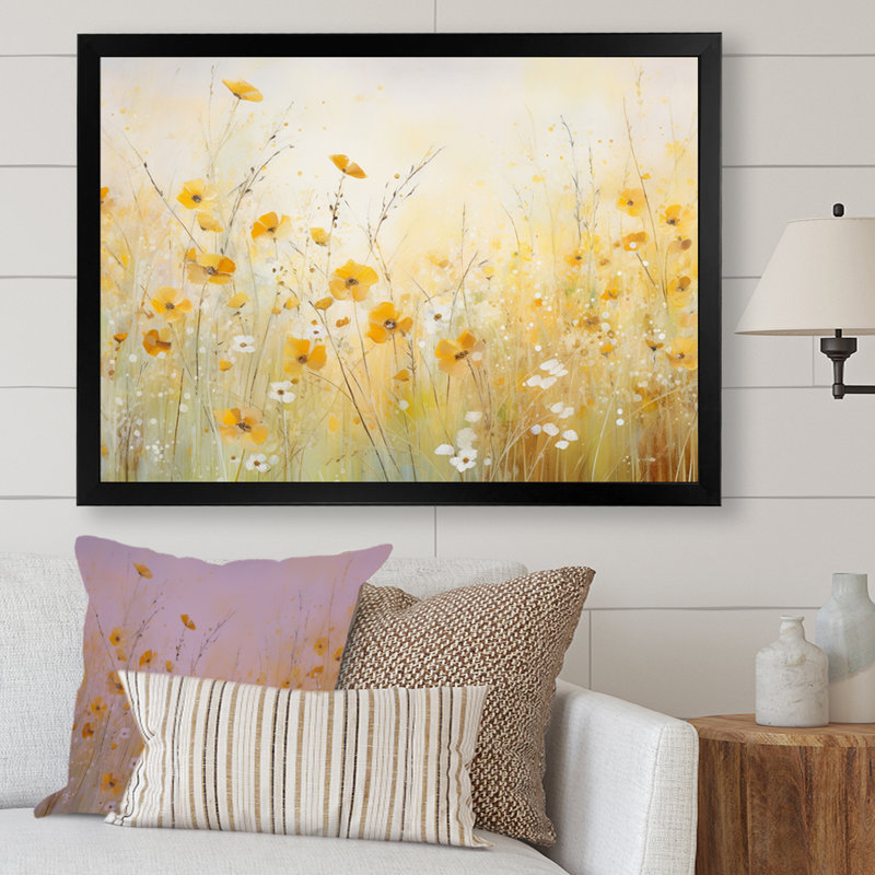 Fleurs de pavot jaunes en fleurs dans les prés - Décoration murale coquelicots, H 34 po x l 44 po x P 1,5 po