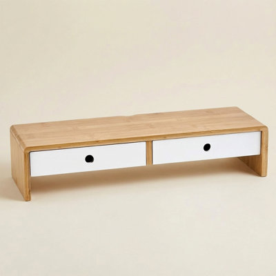 Ostos Natural Bamboo Computer Monitor Stand Riser For Desk With 2 Storage Drawers