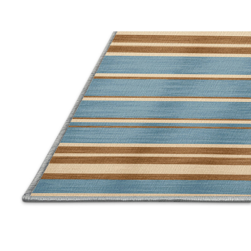  Tapis lavable à rayures crème bleu ciel, Rond 6 pi