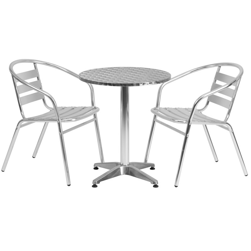 Moraal Round Aluminum Indoor-Outdoor Table Set with 2 Slat Back Chairs, 27.25" H x 23.5" W x 23.5" D, Silver