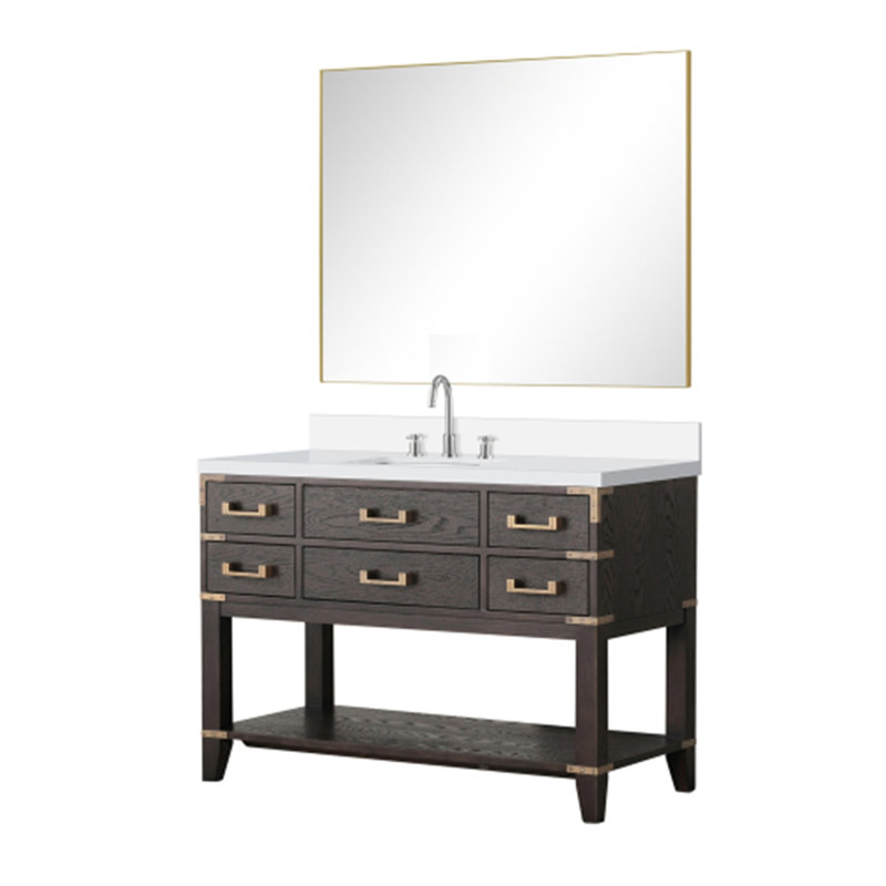 Meuble-lavabo simple.   Comptoir en quartz, ensemble de robinet et miroir, 48", Chêne brun