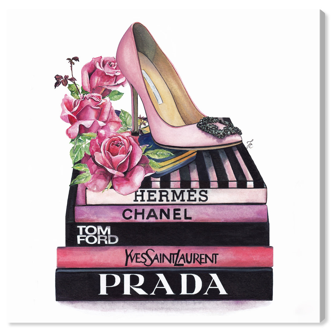 Doll Memories " Doll Memories - Pink Books Square, Heels And Flowers Library Modern Pink " Oliver Gal Prints 