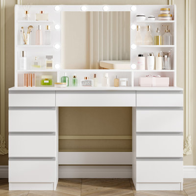 Dressing Table with Bulb/LED Light, Vanity Desk with 1 Large Drawer and 8 Small Drawer Cabinets, Adjustable Brightness, Large HD Mirror, 9 Open Storage Areas
