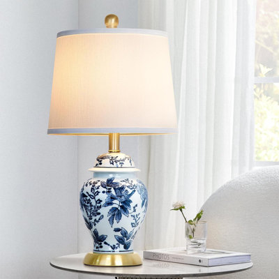 Chinoiserie Ceramic Table Lamp With Dimmable LED Bulb, Classic White Porcelain Design For Bedroom, Living Room, Office, And Nightstand