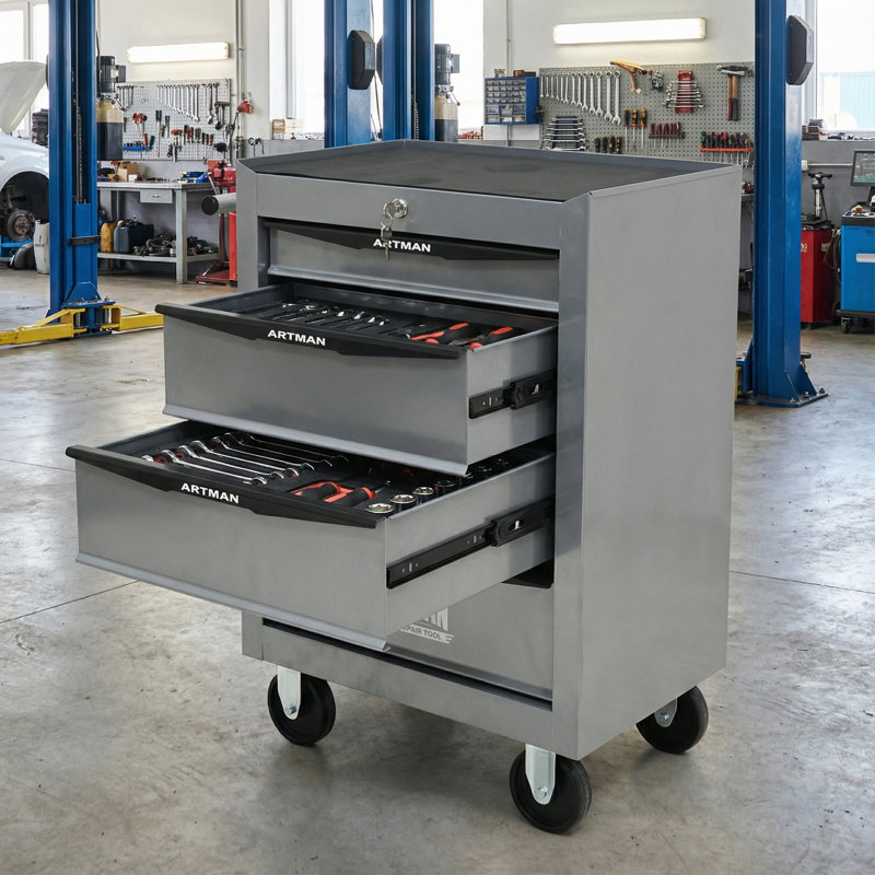 4-Drawer 20-Inch Rolling Metal Tool Box, Steel Tool Storage Organizer - Silver