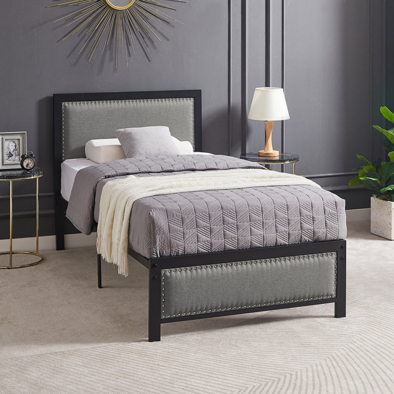 Genard Bed Frame Linen Upholstered Headboard with Nailhead Trim Heavy-Duty Twin Size Platform with Strong Metal Slats, No Box Spring Needed, Under Bed Storage