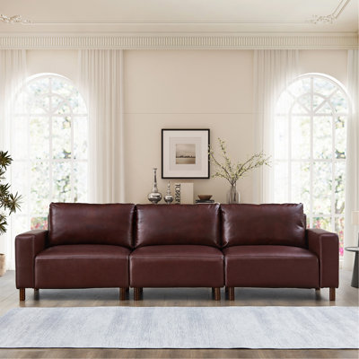 112" Luxury PU Leather Sofa for Living Room, Apartment Living, Upholstered Breathable Faux Leather PU Couch featuring Wood Legs, Burgundy