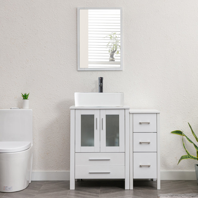 Breahnna 36'' Single Bathroom Vanity with Manufactured Wood Top, Vessel Sink, Faucet, Drain, White, White