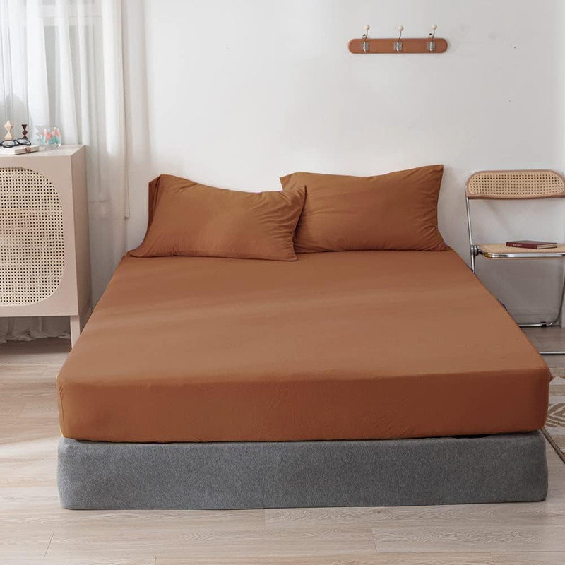 Drap-housse en coton tricoté 3 pièces DONEUS, Drap-housse très grand avec 2 taies d'oreiller, Orange brûlé