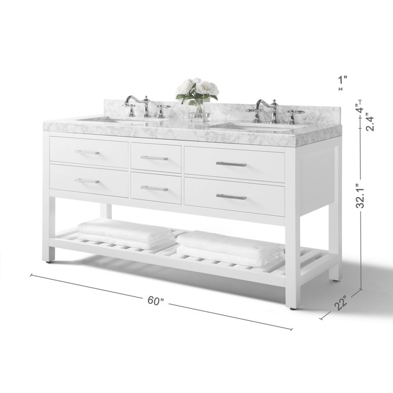 Elizabeth 60'' W Double Vanity, White/Brushed Nickel, Carrara White Marble