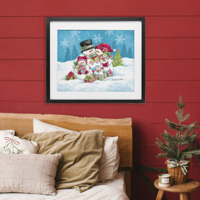 Festive Snowman Family Scene Framed Print Under Glass, design by Diane Kater