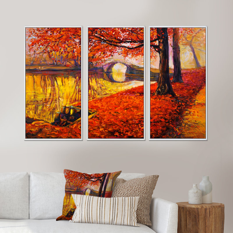 «Little Bridge In Orange Autumn Landscape I», peinture sur toile 3 pièces, H 20 po x l 36 po, Blanc