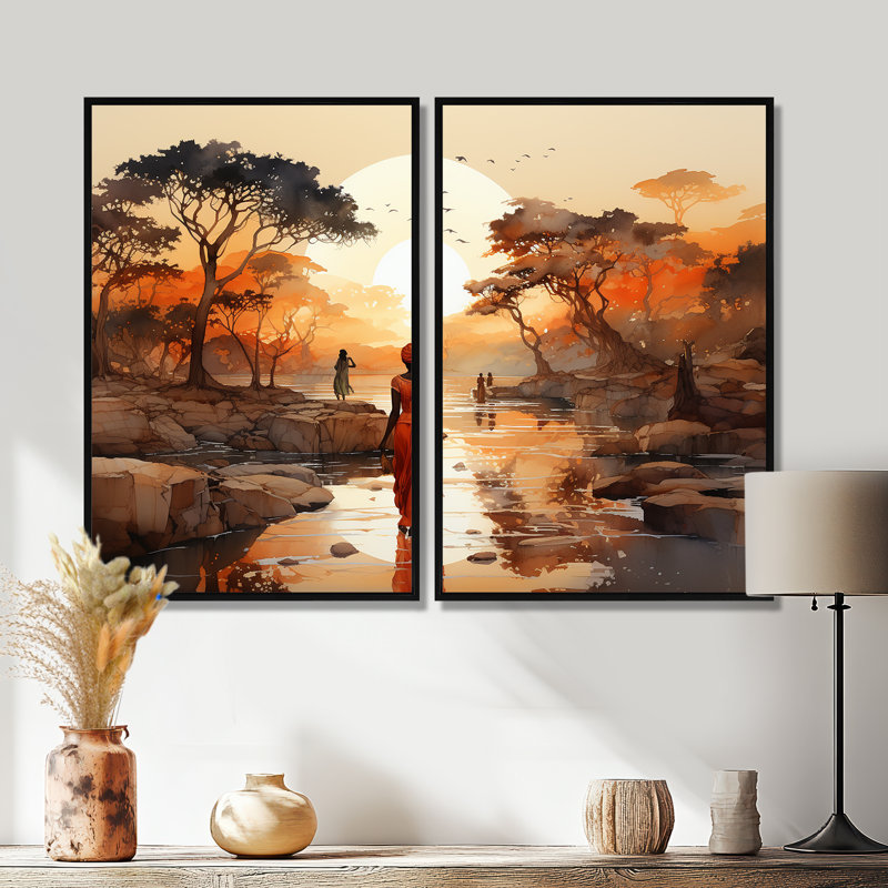 Voyage africain - art mural africain, Noir, H 36 po x l 48 po, Reproduction avec cadre flottant