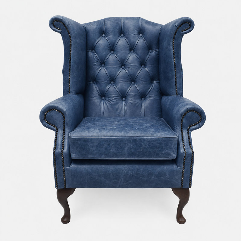 Upholstered Leather Wingback Chair, Etna Denim Blue