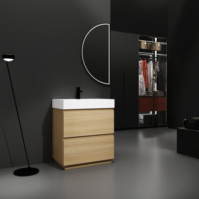 Meuble-lavabo de 76 cm avec lavabo simple - Tiroirs de rangement en chêne - Double meuble autoportant avec comptoir encastré - Finition en bois d'ingénierie