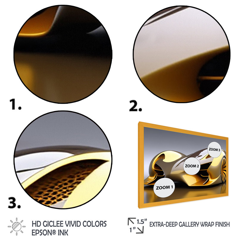 «Futuristic Golden Luxury Car I», reproduction sur toile, Toile avec cadre photo doré, H 24 po x l 32 po x P 1 po