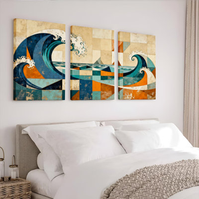 Abstract Wave Pattern Canvas Wrapped Wall Art, Oil Painting Print (Set of 3)