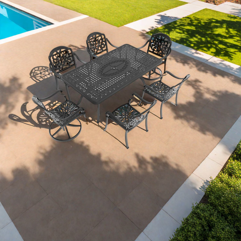 Élégant ensemble de salle à manger de patio en aluminium coulé 7 pièces avec chaises pivotantes, noir