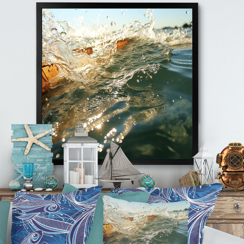 Green Sunset Waves - art mural côtier, H 30 po x l 30 po x P 1,5 po, Cadre simple noir