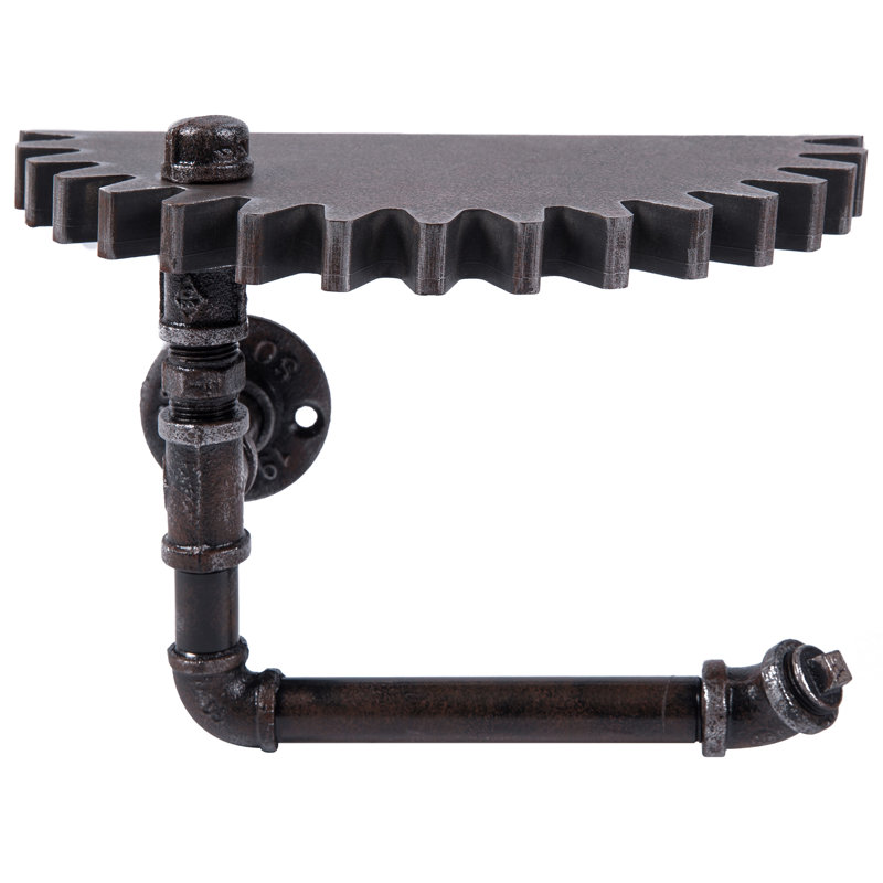 Tablette flottante murale en métal noir patiné avec support de tuyau industriel - Porte-papier hygiénique Steampunk Gear