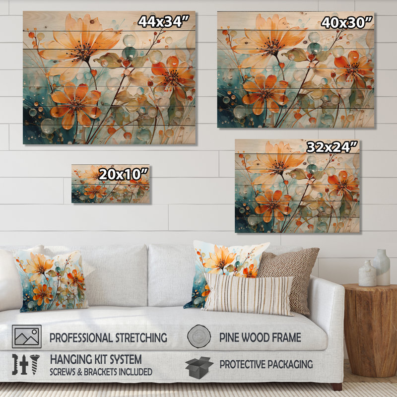 Peach Transparent Botany Floral Elegance - Plants Wood Art On Natural Pine Wood, 30" H x 40" W