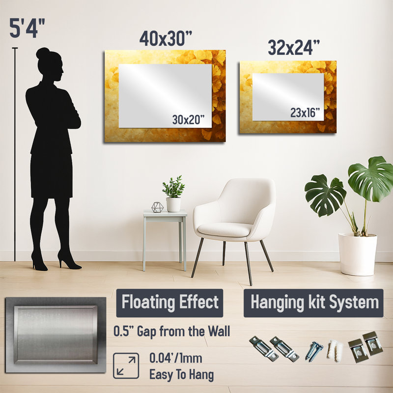 Golden Ginkgo Leaves Harmony II - Miroir mural décoratif floral - imprimé sur métal, 24 po x 32 po