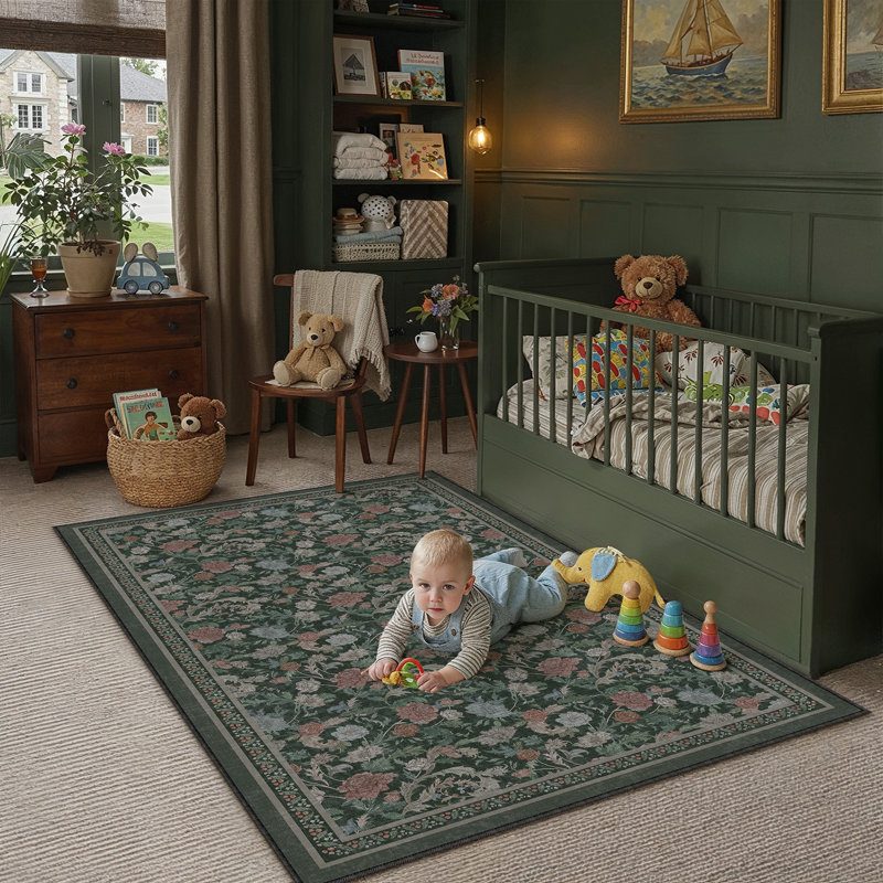 Veridian Home Persian Garden Machine Washable Area Rug, Rectangle 3' x 5', Green