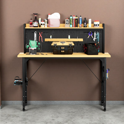 Adjustable Workbench With Pegboard, Heavy Duty Wooden Desktop Workbench With Wheels, 1600 Lb. Load Capacity, Rolling Workbench With AC/USB Outlet, Hooks, Shelf, For Garage, Workshop, Office, Home.