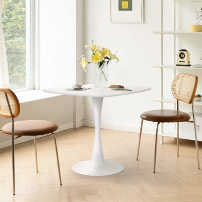 Modern Square Dining Table, White Kitchen Table With Metal Pedestal Base For 4 Persons