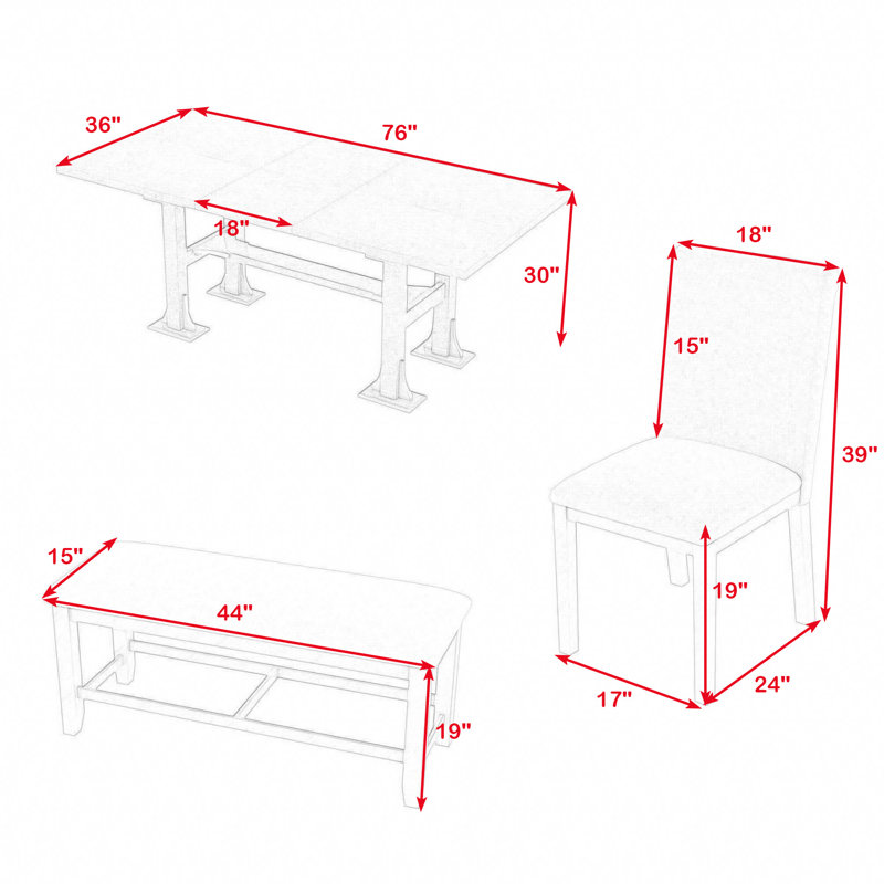 6-Piece Extendable Dining Table Set with Removable Leaf and Upholstered Dining Chair and Bench, Light Grey, Light Grey