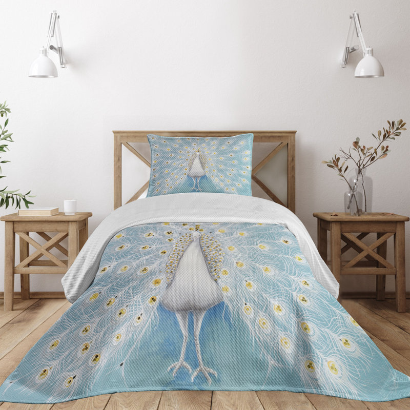 Twin White Microfiber Quilted Peacock Bedspread Set